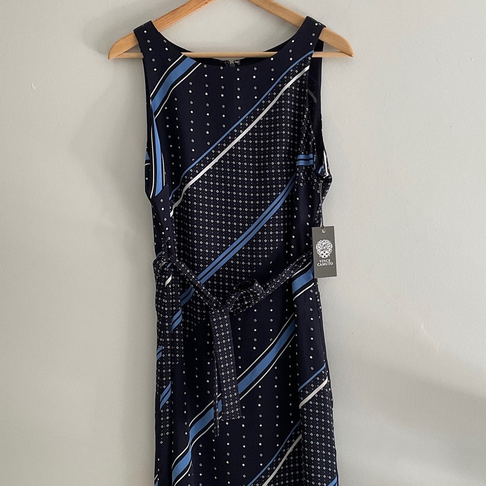 NWT VINCE CAMUTO navy midi dress, blue stripes and polka dots.